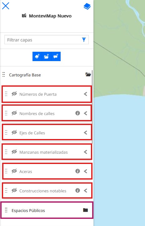 Grupo de capas Cartografía Base abierto mostrando su contenido